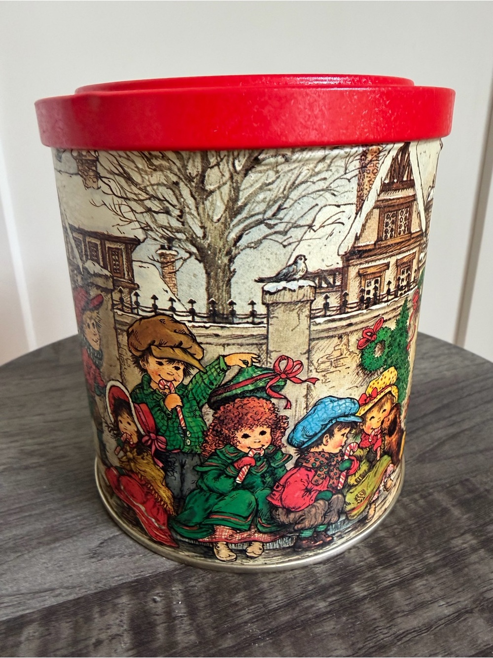 Source Unknown Red-Lidded Holiday Illustration Tin Canister